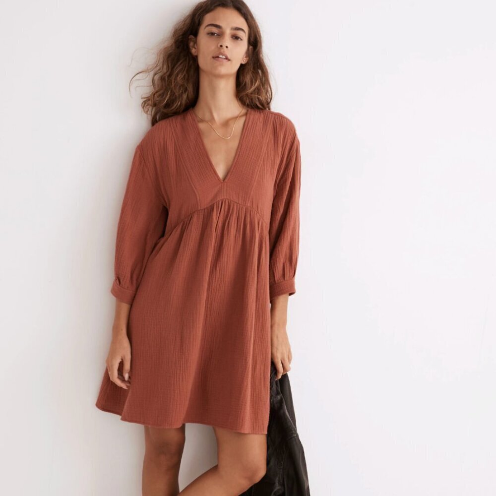 Madewell Lightspun V-Neck 3/4 Sleeve Mini Dress, Brick Red Orange, size M